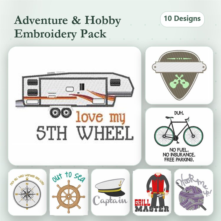 Adventure and Hobby Embroidery Designs Bundle – Travel Trailer, Bicycle, Captain & More (10 Designs)