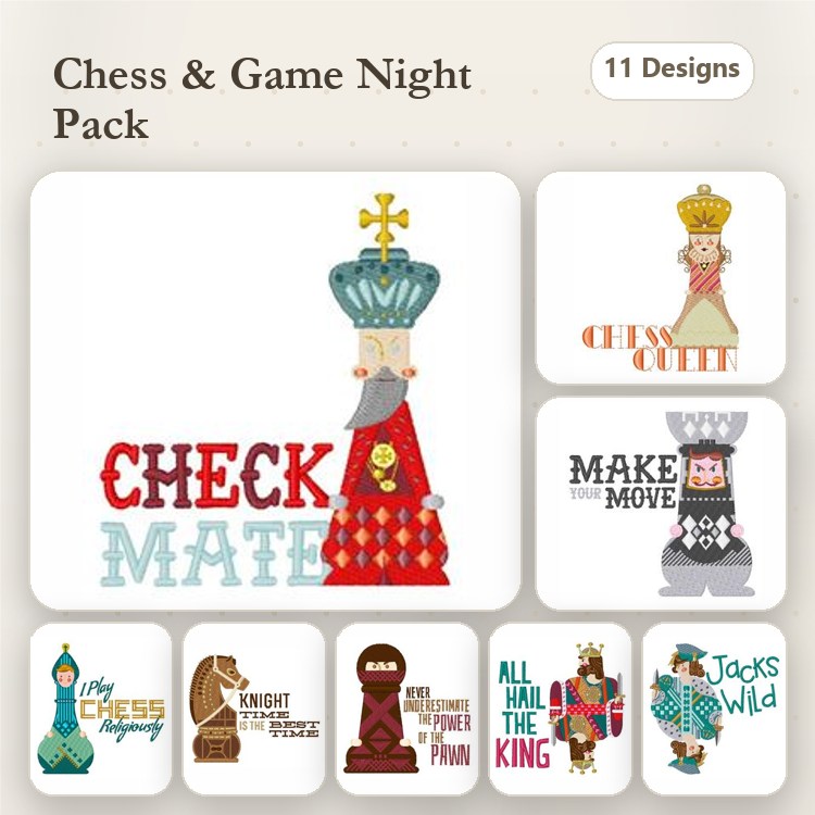 Chess & Game Night Embroidery Designs Bundle – Chess King, Chess Queen, Check Mate & More (11 Designs)