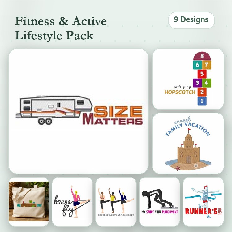 Fitness and Active Lifestyle Embroidery Designs Bundle – Size Matters, Hopscotch Game, Yoga Poses & More (9 Designs)