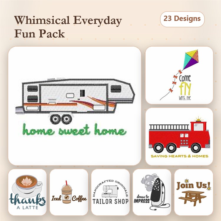 Camper Trailer & Fire Truck Embroidery Designs Bundle – Home Sweet Home, Thanks a Latte, Kite & More (23 Designs)