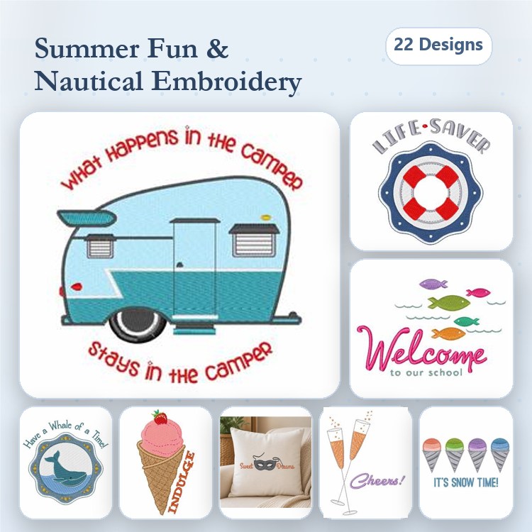 Summer Fun & Nautical Embroidery Bundle – Vintage Camper, Lifebuoy, Ice Cream Cone & More (22 Designs)