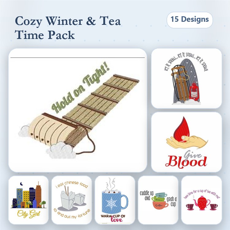 Winter & Tea Embroidery Designs Bundle – Sled with Phrase, Hot Tea Mug, City Skyline & More (15 Designs)