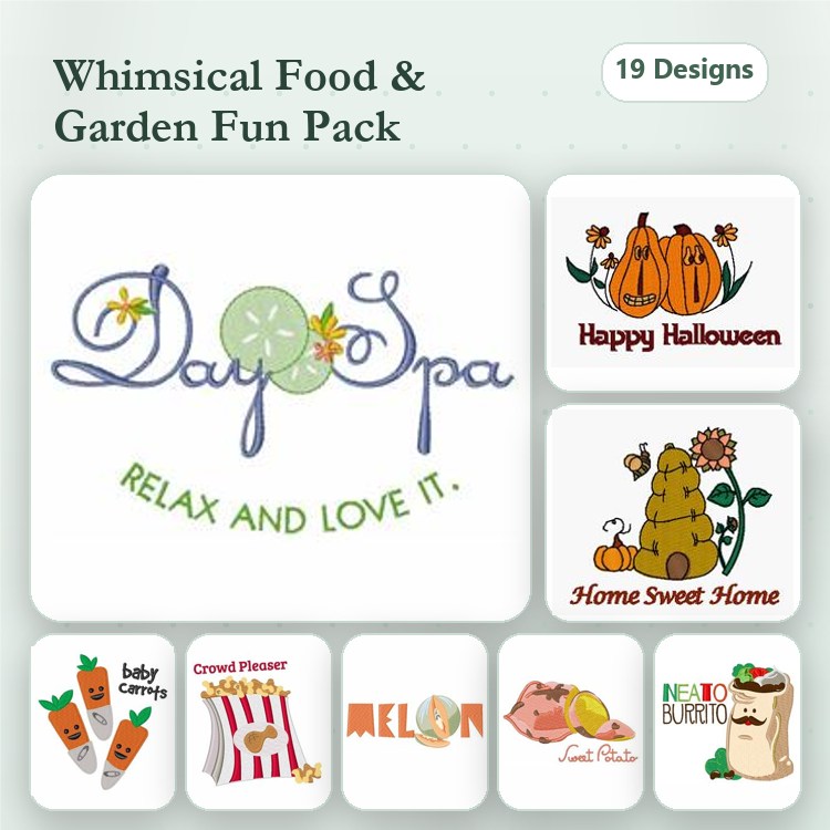 Whimsical Food & Garden Embroidery Designs Bundle – Day Spa, Happy Halloween, Home Sweet Home & More (19 Designs)