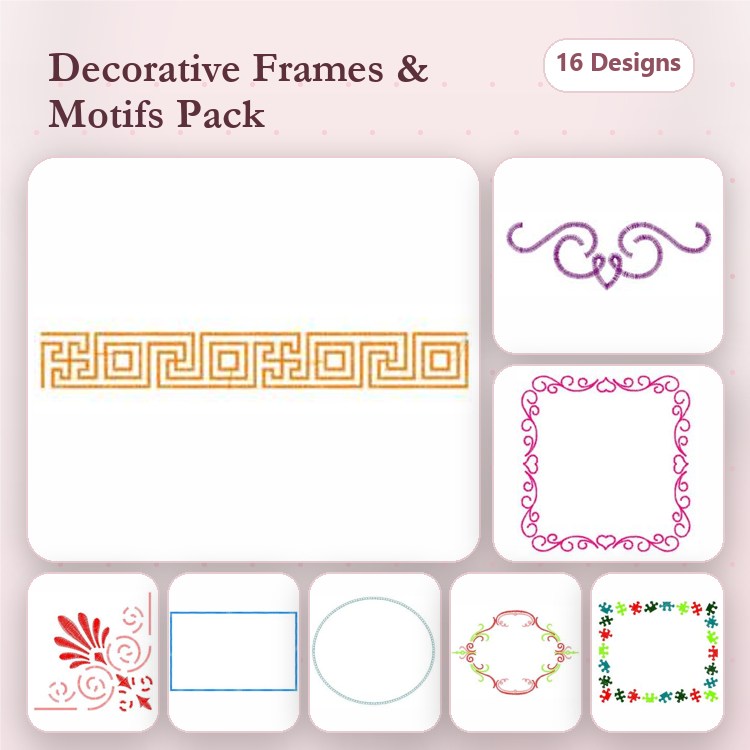 Decorative Frames and Motifs Embroidery Designs Bundle – Geometric Border, Floral Swirl, Square Frame & More (16 Designs)