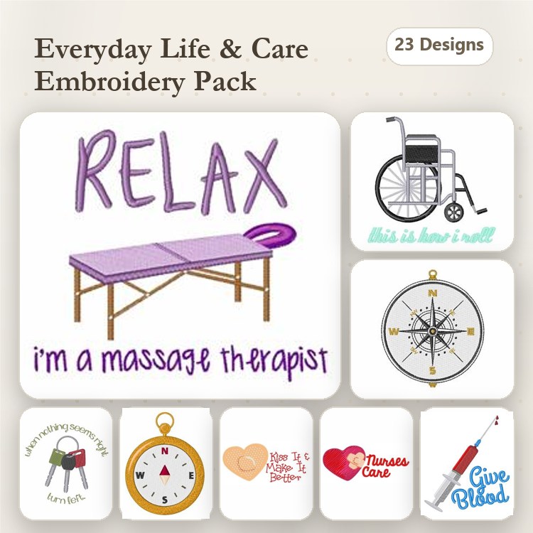 Everyday Life and Care Embroidery Designs Bundle – Massage Table, Wheelchair, Clock & More (23 Designs)