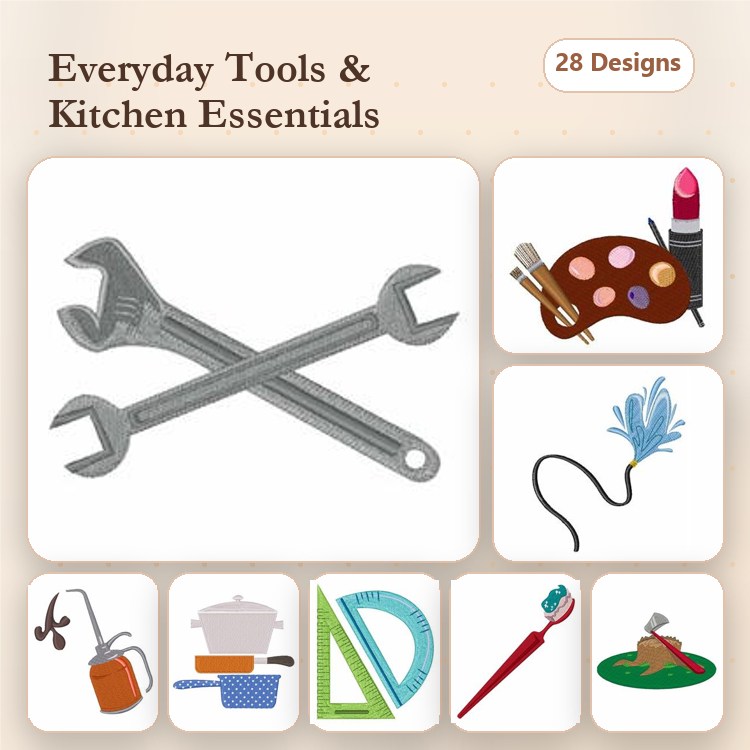 Everyday Tools and Kitchen Essentials Embroidery Designs Bundle – Wrench, Artist Palette, Lipstick & More (28 Designs)