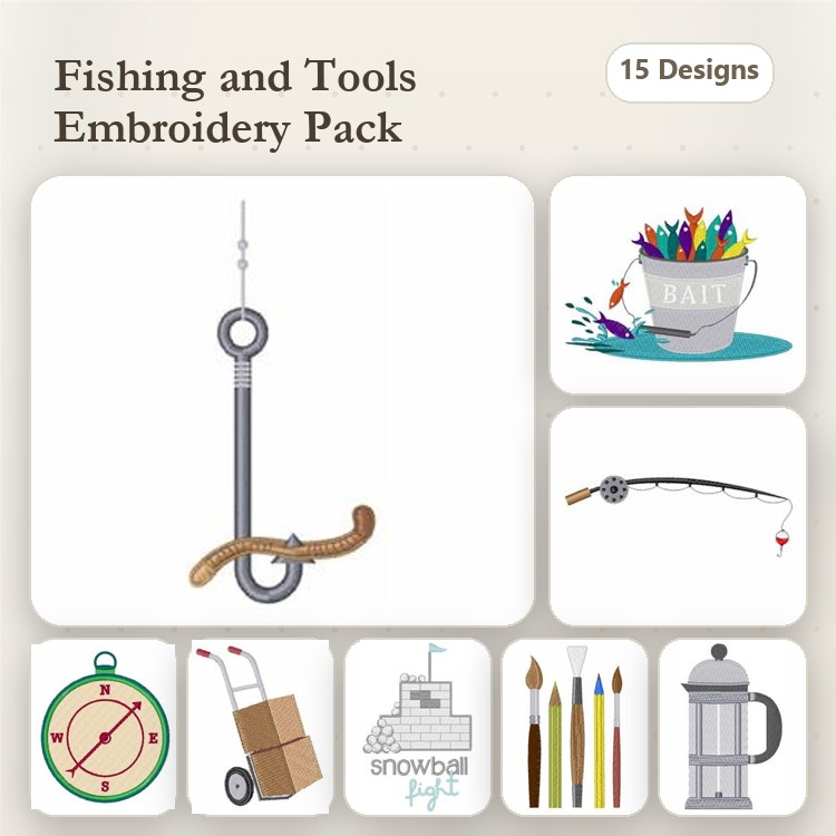 Fishing & Tools Embroidery Designs Bundle – Fishing Hook, Fishing Rod, Fishing Lure & More (15 Designs)