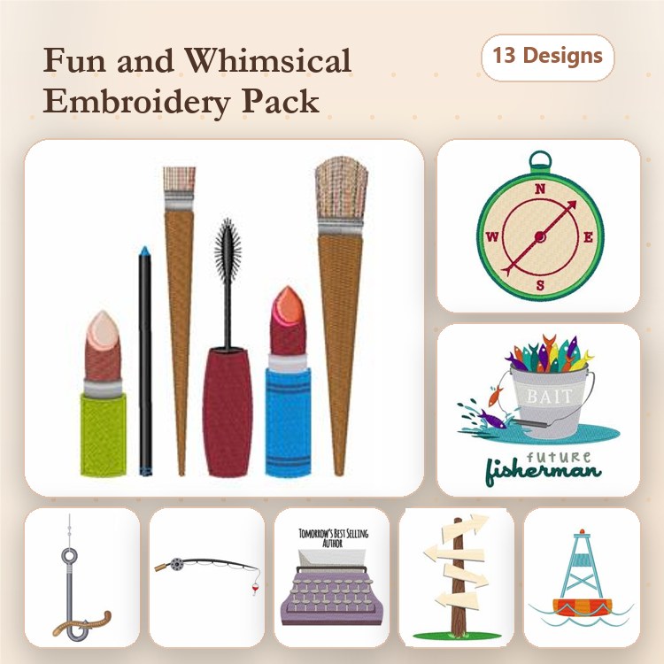 Art & Fishing Tools Embroidery Designs Bundle – Makeup Brushes, Lipstick, Compass, Fishing Rod & More (13 Designs)