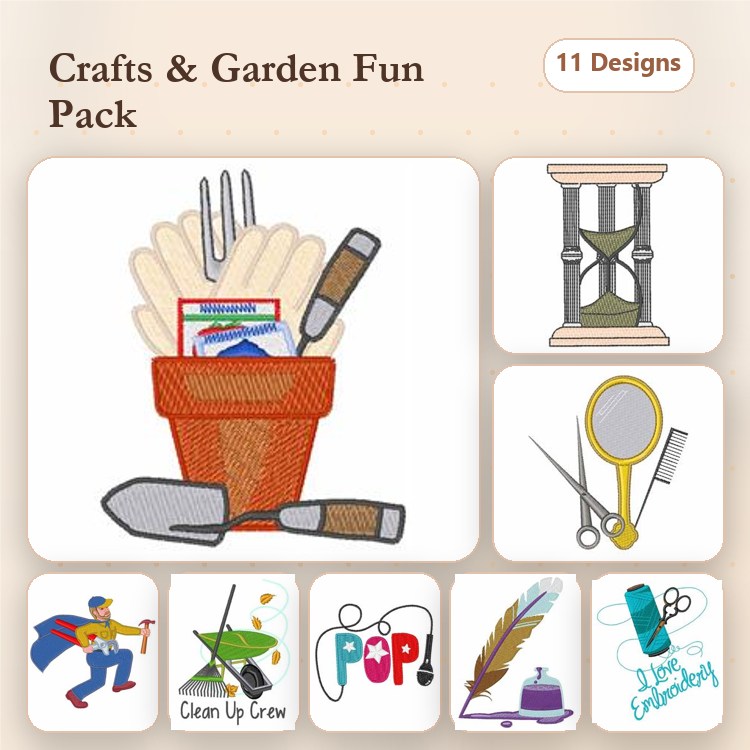 Crafts & Gardening Tools Embroidery Designs Bundle – Garden Trowel, Flower Pot with Tools, Hourglass Timer & More (11 Designs)
