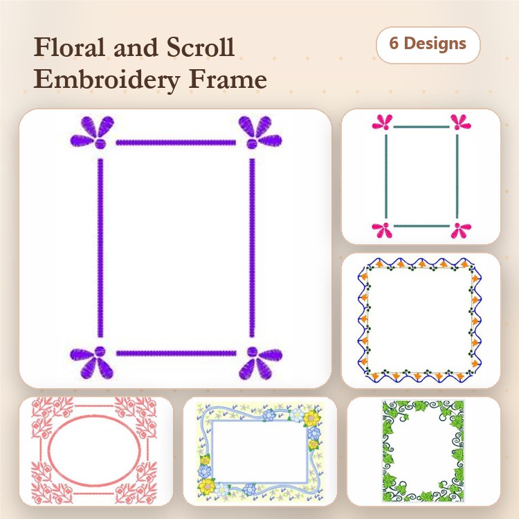 Floral and Scroll Frames Embroidery Designs Bundle – Floral Frame with Flowers, Simple Scroll Frame & More (6 Designs)