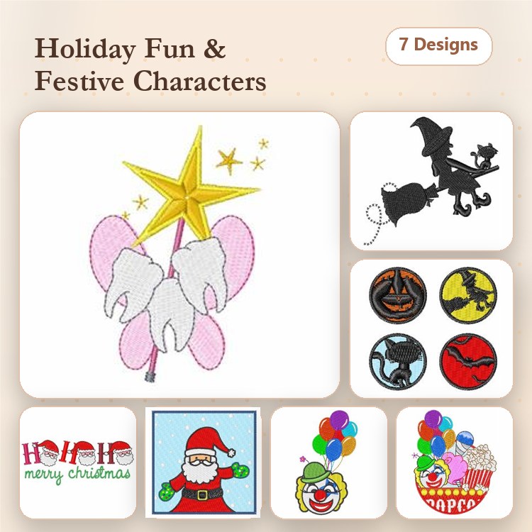Holiday Fun Characters Embroidery Designs Bundle – Christmas Star with Tooth Fairy, Santa Claus, Halloween Pumpkin & More (7 Designs)