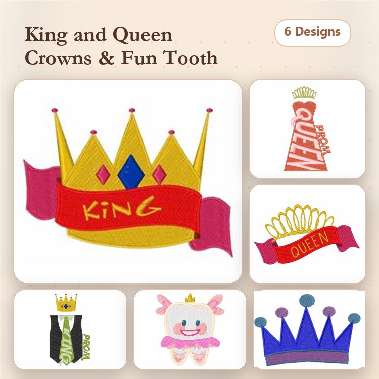 Crowns & Fun Tooth Embroidery Designs Bundle – King Crown, Queen Crown, Royal Crown & More (6 Designs)