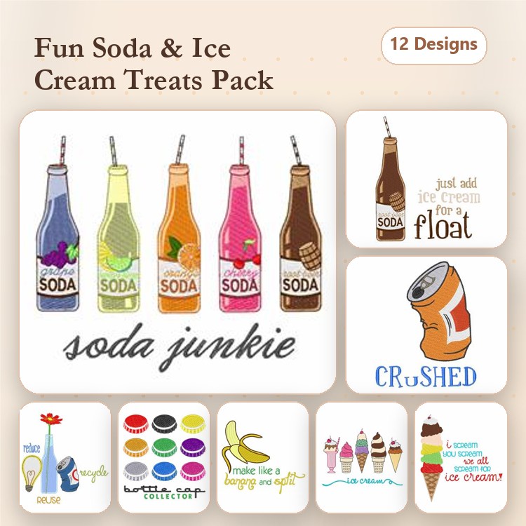 Soda & Ice Cream Treats Embroidery Designs Bundle – Soda Bottle, Ice Cream Cone with Cherry, Banana Split & More (12 Designs)