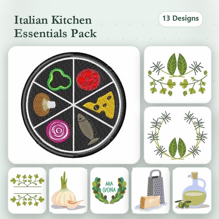 Italian Kitchen Embroidery Designs Bundle – Pizza Slice, Red Bell Pepper, Olive & More (13 Designs)