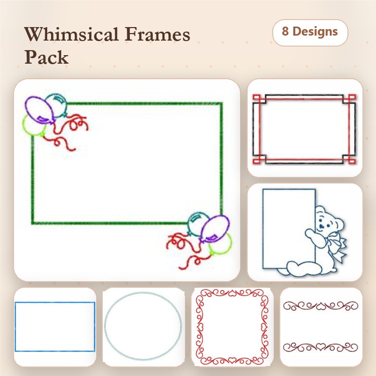 Redwork Whimsical Frames Embroidery Designs Bundle – Balloon Frame, Teddy Bear Frame & More (8 Designs)