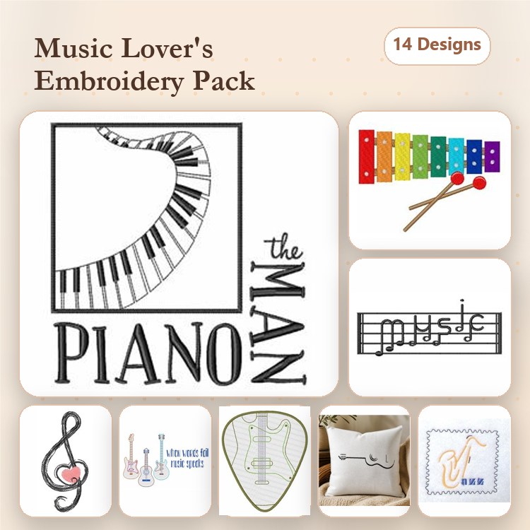 Music-themed Embroidery Designs Bundle – Piano, Guitar, Saxophone & More (14 Designs)