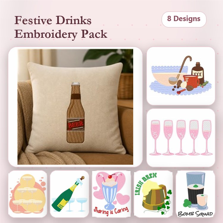 Festive Drink Embroidery Designs Bundle – Soda Bottle, Cocktail Glass, Beer Mug, Champagne Bottle & More (8 Designs)