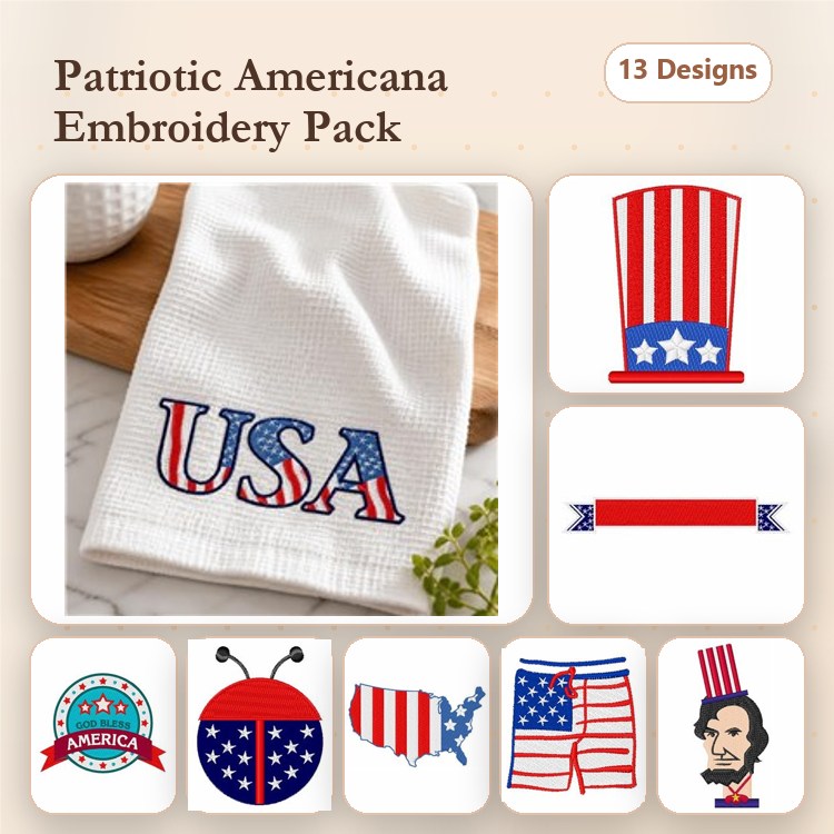 Patriotic Americana Embroidery Designs Bundle – USA Text, American Flag, Top Hat & More (13 Designs)
