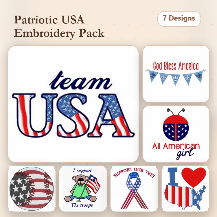 Patriotic USA Embroidery Designs Bundle – team USA, God Bless America Banner, All American Girl & More (7 Designs)