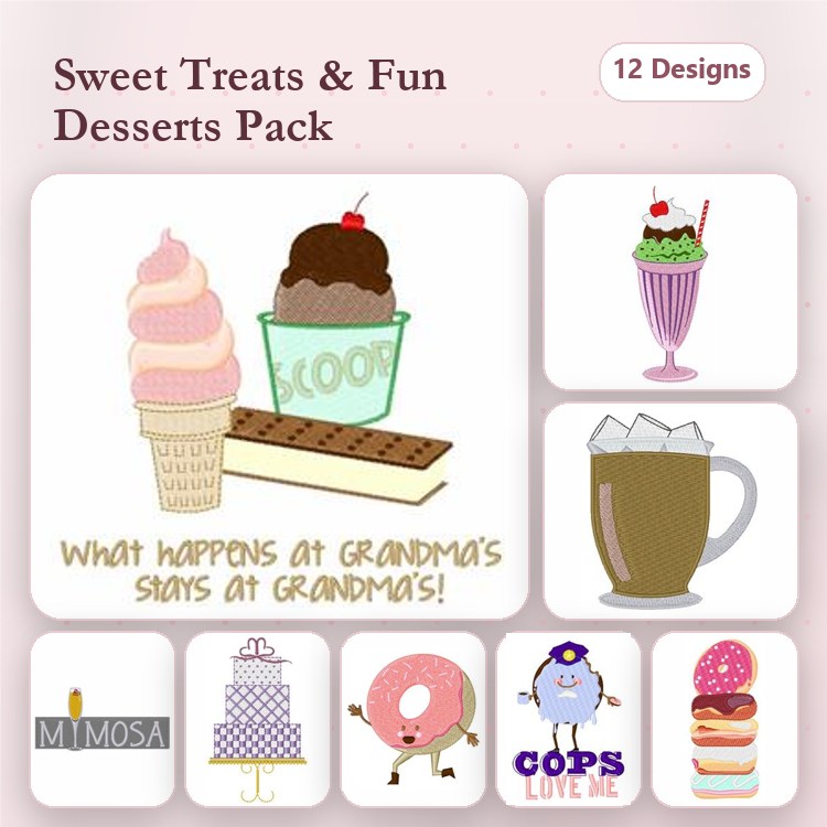 Desserts and Sweet Treats Embroidery Designs Bundle – Ice Cream Cone, Sundae, Milkshake & More (12 Designs)