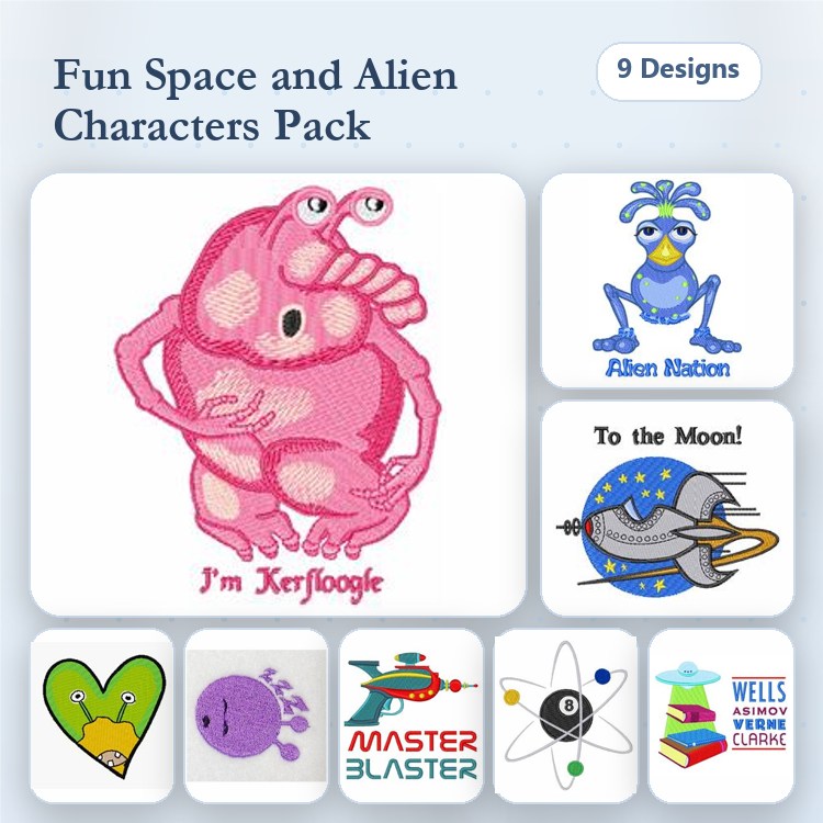 Space and Alien Characters Embroidery Designs Bundle – Kerflooge Alien, Alien Robot, To the Moon Rocket & More (9 Designs)
