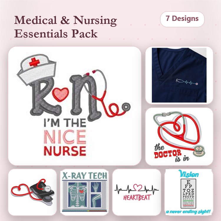 Medical and Nursing Embroidery Designs Bundle – RN with Heart, I'm the Nice Nurse, The Doctor is In & More (7 Designs)
