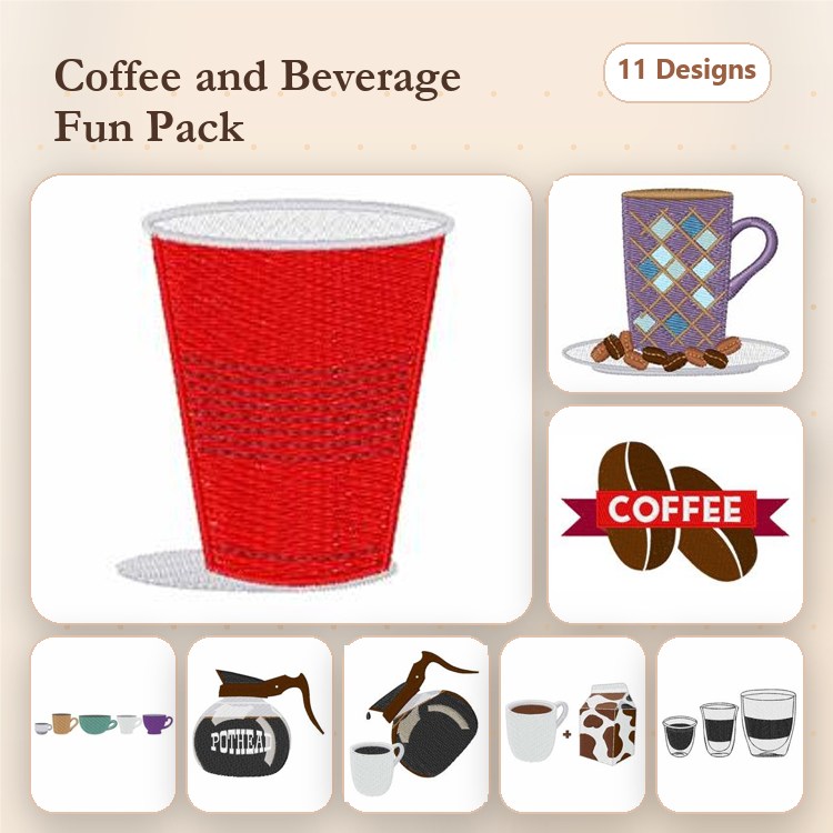 Coffee and Beverage Embroidery Designs Bundle – Red Coffee Cup, Brown Coffee Mug, Coffee Beans & More (11 Designs)