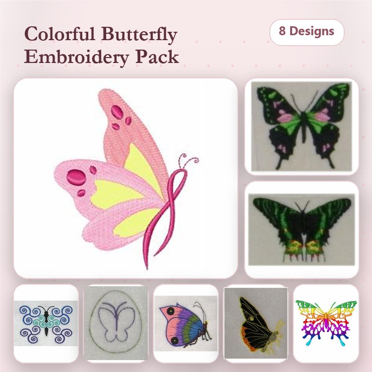 Colorful Butterflies Embroidery Designs Bundle – Pink, Green, Blue, Yellow & More (8 Designs)