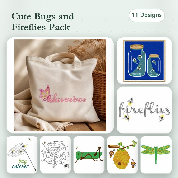 Bugs and Fireflies Embroidery Designs Bundle – Dragonfly, Fireflies, Butterfly, Ladybug & More (11 Designs)