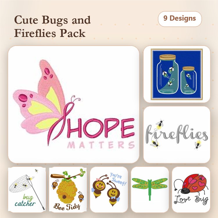 Cute Bugs & Fireflies Embroidery Designs Bundle – Butterfly Hope Matters, Bug Catcher, Love Bug & More (9 Designs)