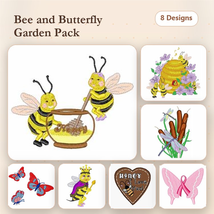 Bee & Butterfly Embroidery Designs Bundle – Honey Jar with Bees, Queen Bee, Flower with Butterfly & More (8 Designs)