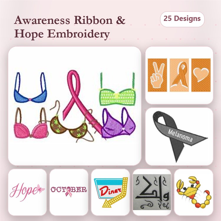 Awareness Ribbons & Hope Symbols Embroidery Designs Bundle – Pink, Blue, Green Awareness Ribbons & More (25 Designs)