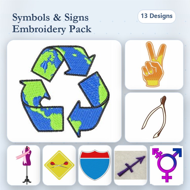 Symbols and Signs Embroidery Designs Bundle – Recycling Symbol, Peace Sign, Wishbone & More (13 Designs)