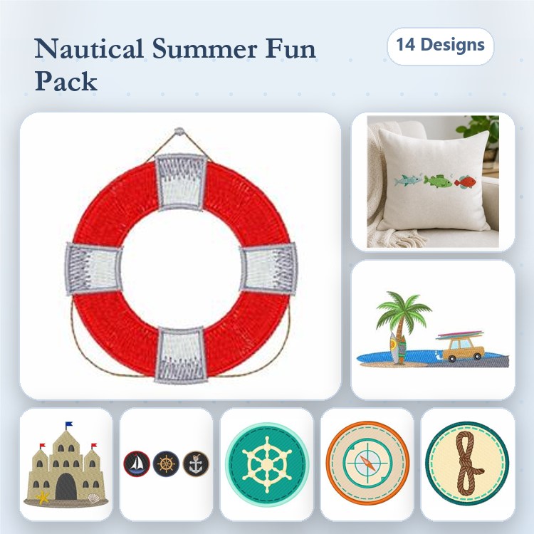 Nautical Summer Embroidery Designs Bundle – Lifebuoy, Fish Design, Beach Scene & More (14 Designs)