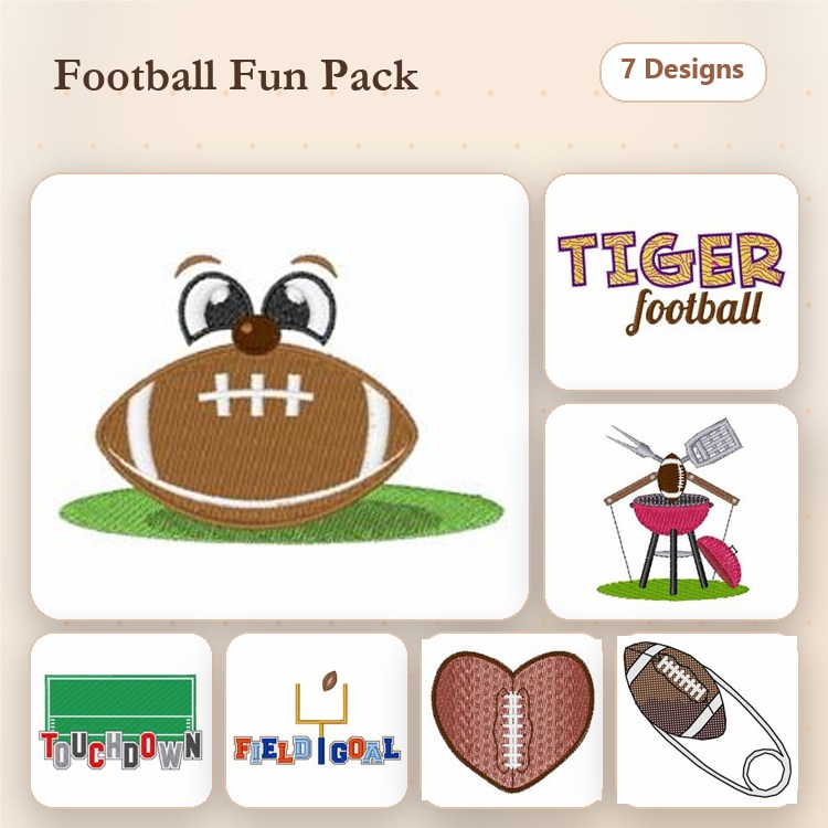 Football Themed Embroidery Designs Bundle – Football with Face, Tiger Football, Touchdown & More (7 Designs)