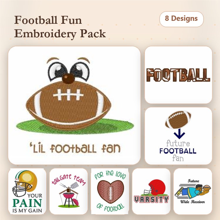 Football Themed Embroidery Designs Bundle – 'Lil Football Fan, Future Football Fan, Ultimate Team of Football & More (8 Designs)