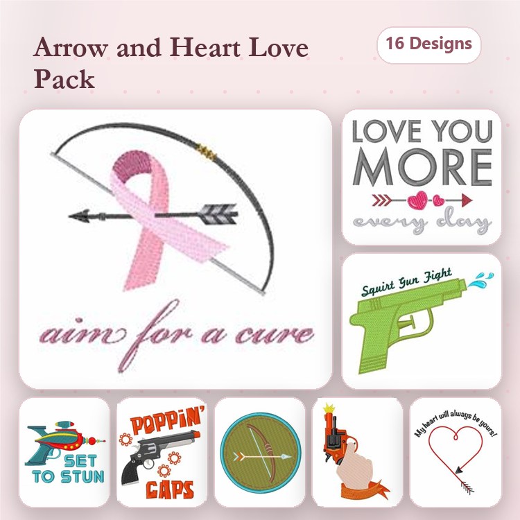 Love and Support Embroidery Designs Bundle – Arrow with Pink Ribbon, Aim for a Cure, Love You More & More (16 Designs)