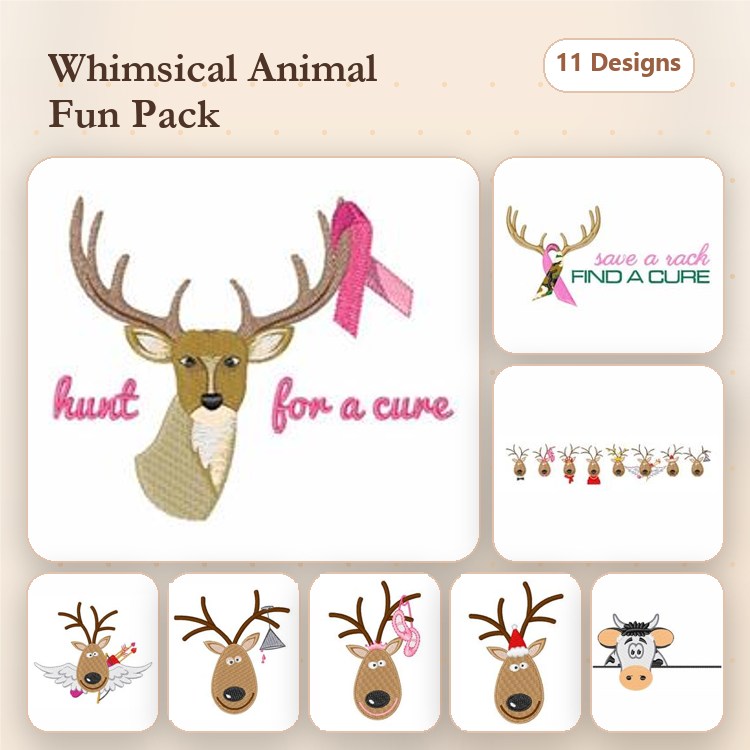 Farm Animal Embroidery Designs Bundle – Deer with Ribbon, Cow with Glasses, Reindeer Face & More (11 Designs)