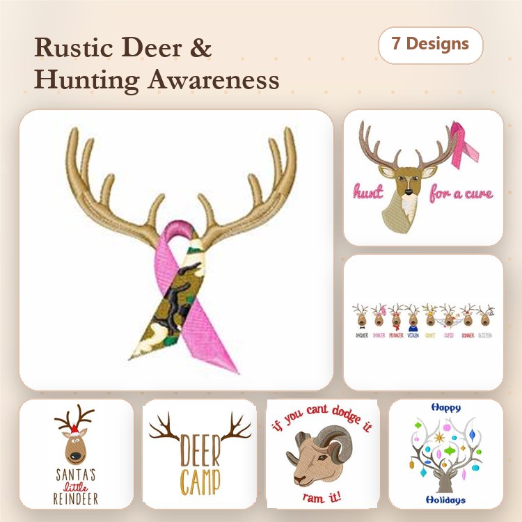 Rustic Deer & Hunting Awareness Embroidery Designs Bundle – Rustic Deer with Pink Ribbon, Hunt for a Cure & More (7 Designs)