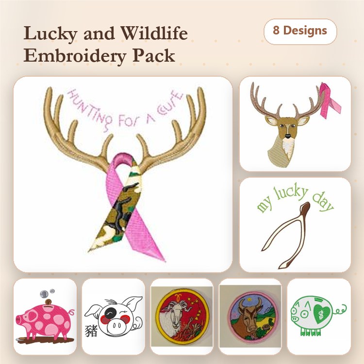 Wildlife and Luck Embroidery Designs Bundle – Deer Antlers with Pink Ribbon, Lucky Day Wishbone, Pig with Hearts & More (8 Designs)