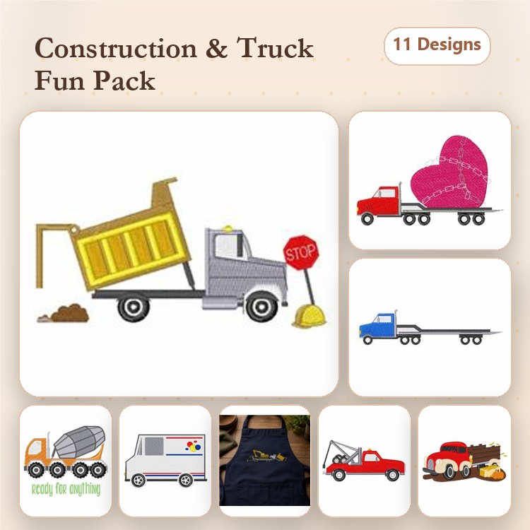 Construction and Trucks Embroidery Designs Bundle – Dump Truck, Cement Mixer, Tow Truck & More (11 Designs)