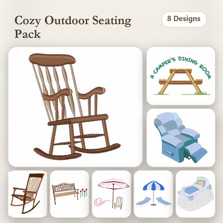 Outdoor Seating Furniture Embroidery Designs Bundle – Rocking Chair, Wooden Bench, Reclining Chair & More (8 Designs)