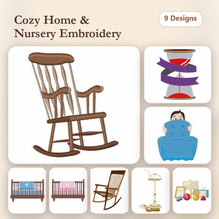 Cozy Home and Nursery Embroidery Designs Bundle – Rocking Chair, Sewing Machine, Blanket with Child & More (9 Designs)