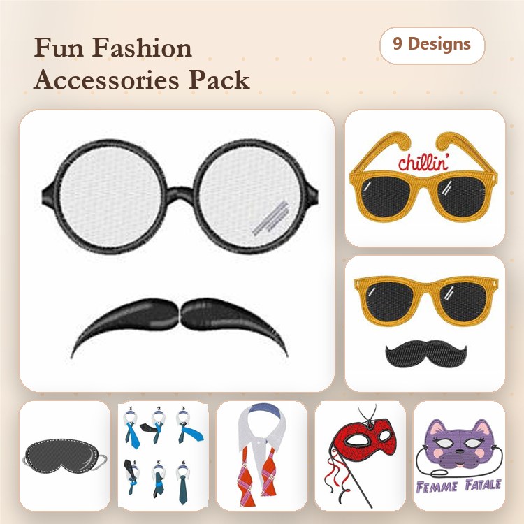 Fashion Accessories Embroidery Designs Bundle – Round Glasses, Sunglasses with Chillin Text, Black Mustache & More (9 Designs)