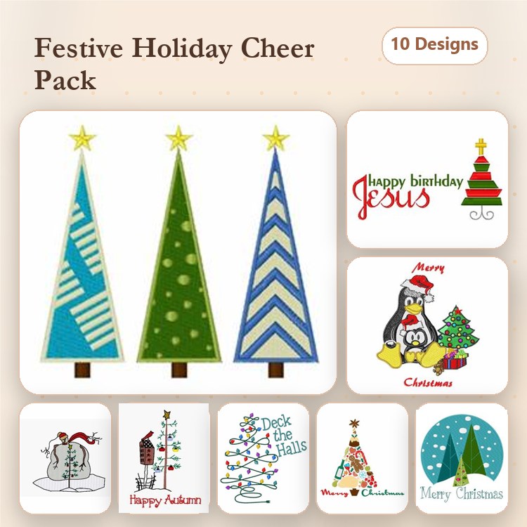 Festive Holiday Embroidery Designs Bundle – Christmas Trees, Snowman, Penguin & More (10 Designs)