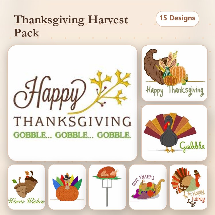 Thanksgiving Embroidery Designs Bundle – Happy Thanksgiving Sign, Turkey with Pumpkin, Thanksgiving Gnome & More (15 Designs)