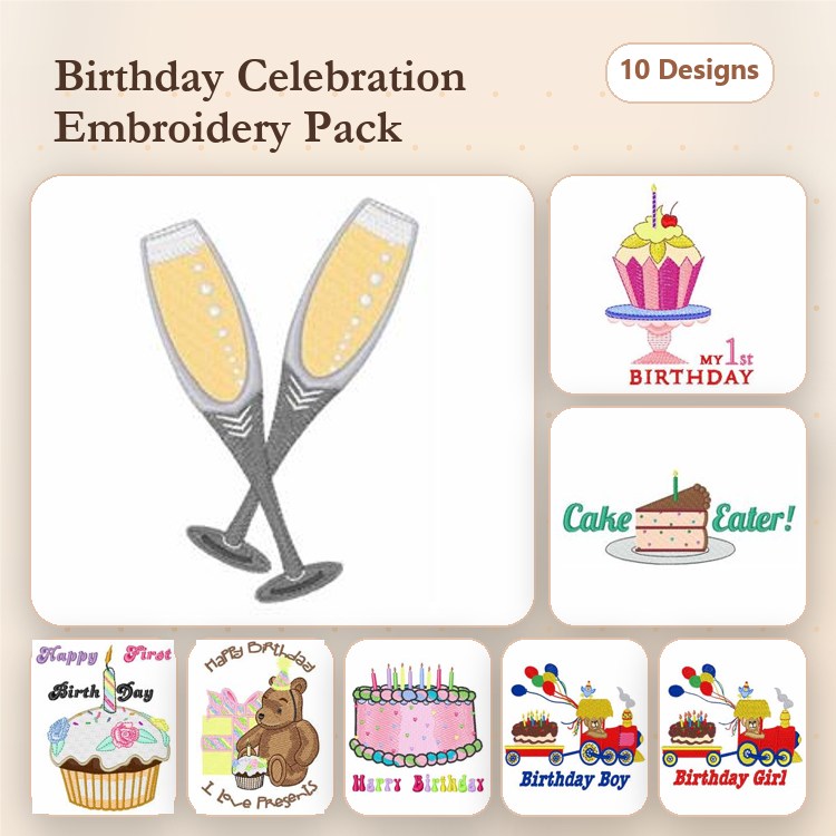 Birthday Celebration Embroidery Designs Bundle – Champagne Glasses, Birthday Cake, Happy Birthday Cupcake & More (10 Designs)