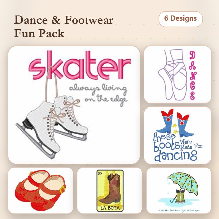Dance & Footwear Embroidery Designs Bundle – Ice Skates, Ballet Shoes, Dancing Birds & More (6 Designs)
