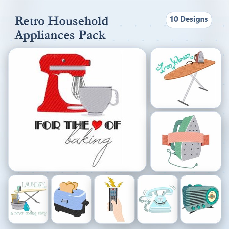 Retro Household Appliances Embroidery Designs Bundle – Stand Mixer, Ironing Board, Toaster & More (10 Designs)