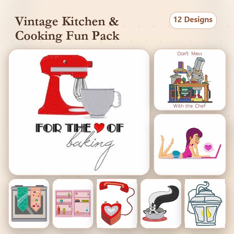 Vintage Kitchen & Cooking Embroidery Designs Bundle – Kitchen Mixer, Baking Quote, Woman Baking & More (12 Designs)
